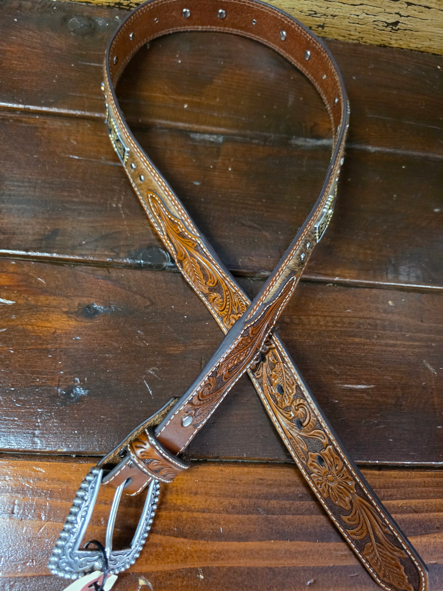 Hide On/ Carved Belt                           Fancy Conchos