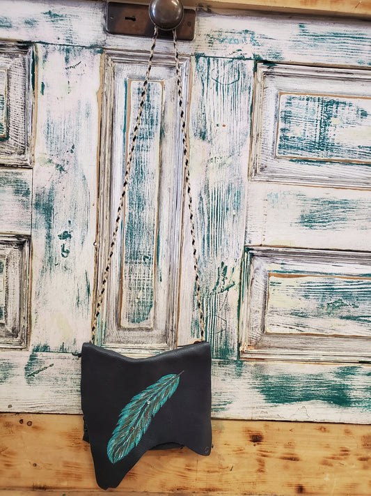 Leather Turq Feather Purse