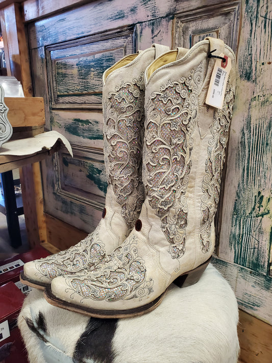 Bling White Leather Cowboy Boots