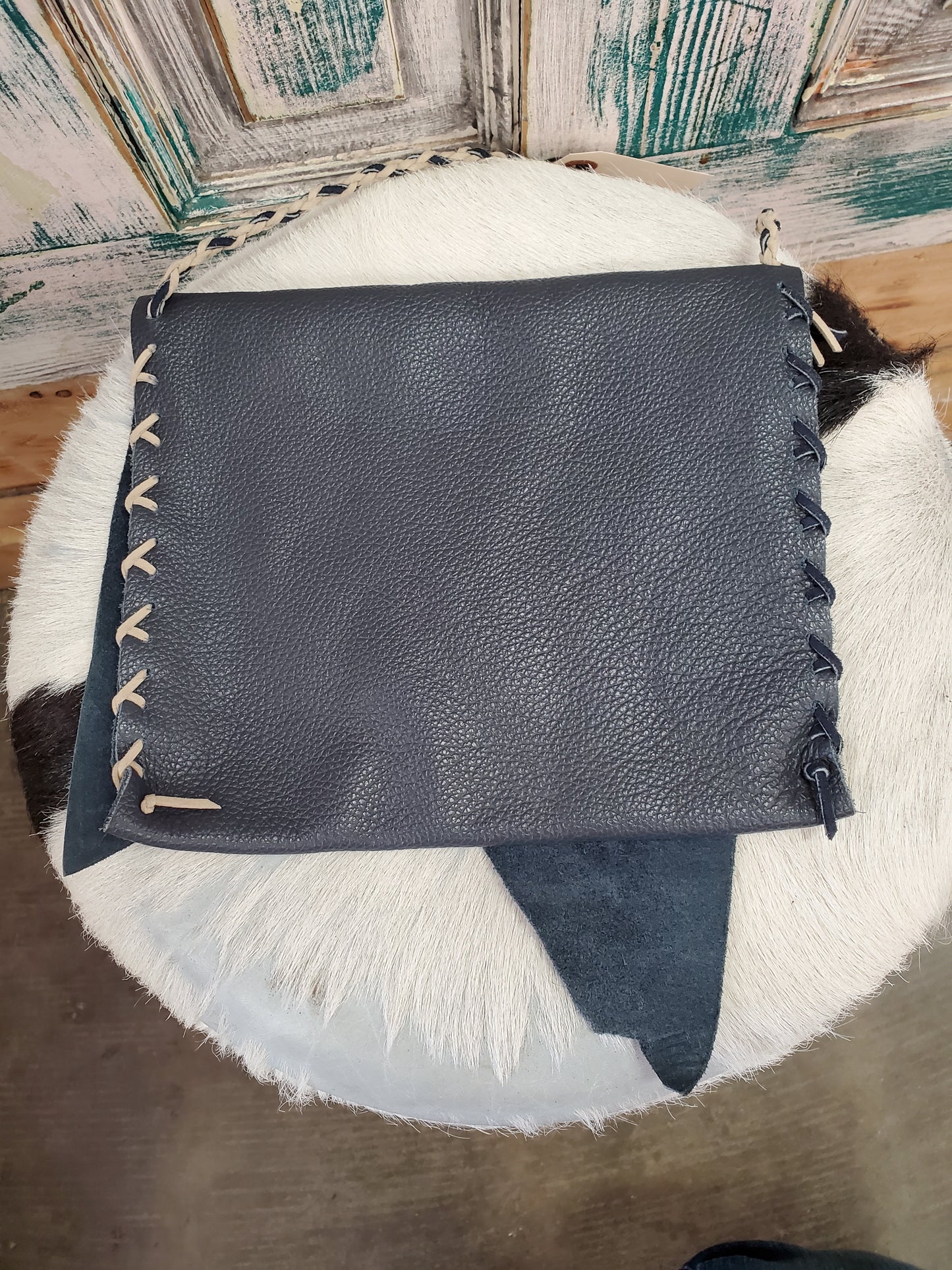 Leather Turq Feather Purse