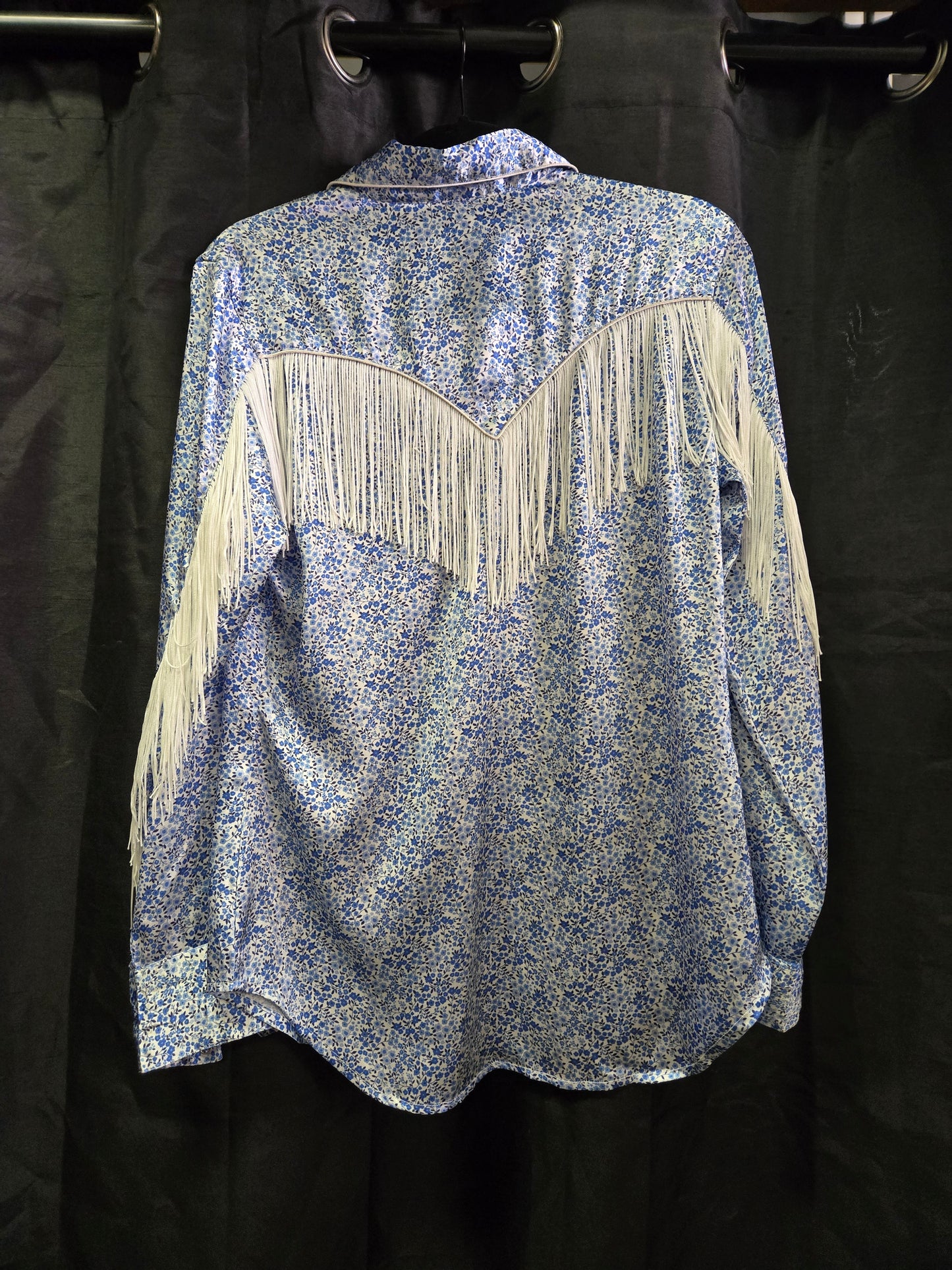 Blue-White Floral Satin Shirt Fringe Details