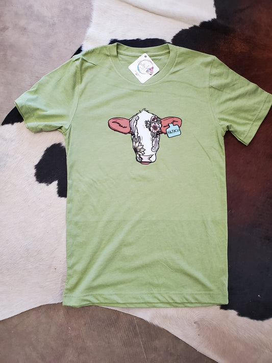 Floral Cow T-shirt/ Spring Green