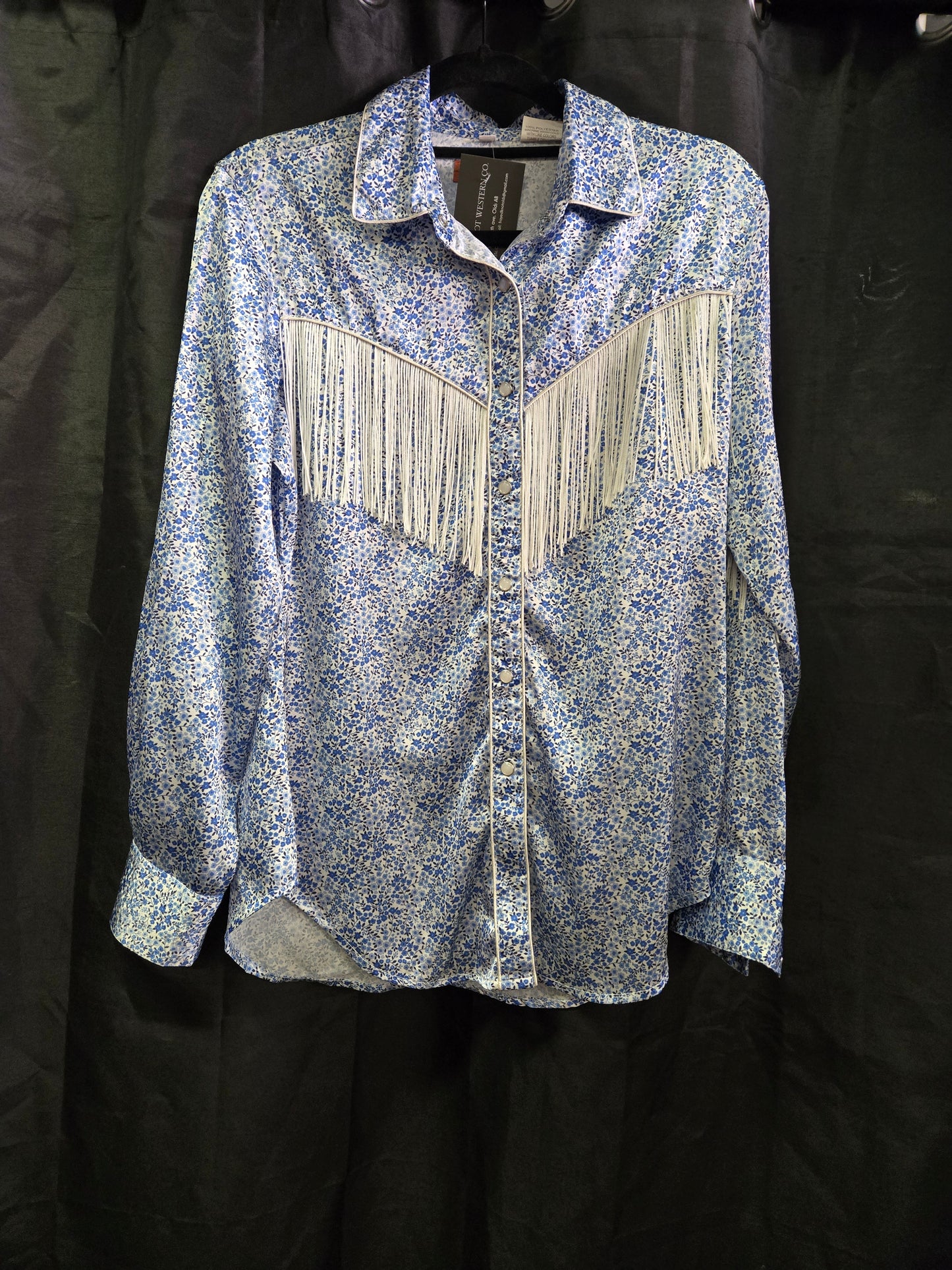 Blue-White Floral Satin Shirt Fringe Details