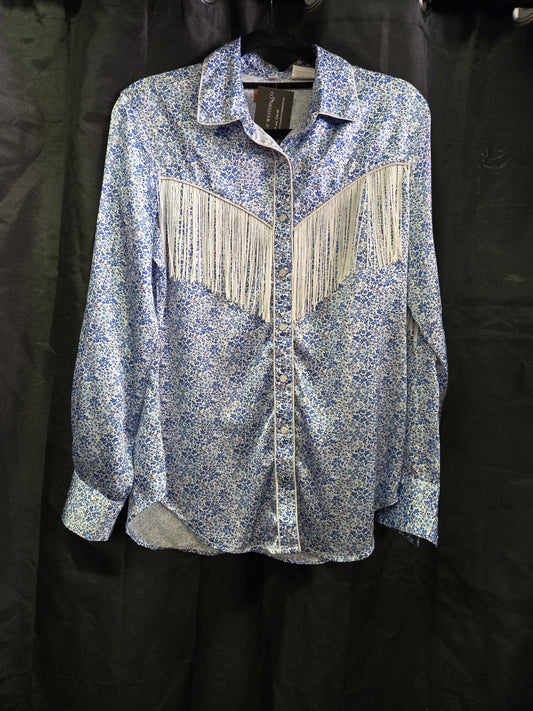 Blue-White Floral Satin Shirt Fringe Details