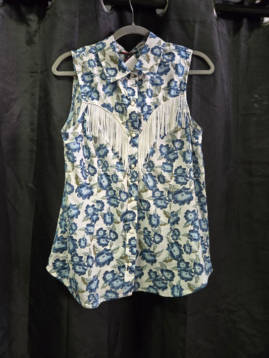 Sleeveless Floral Fringed Shirt