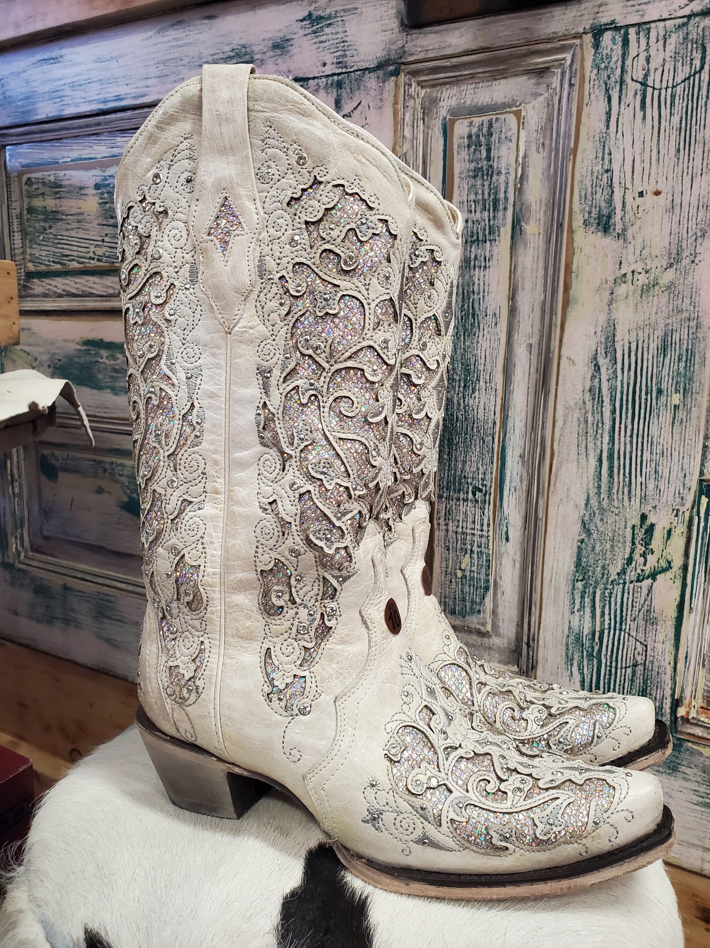 Bling White Leather Cowboy Boots