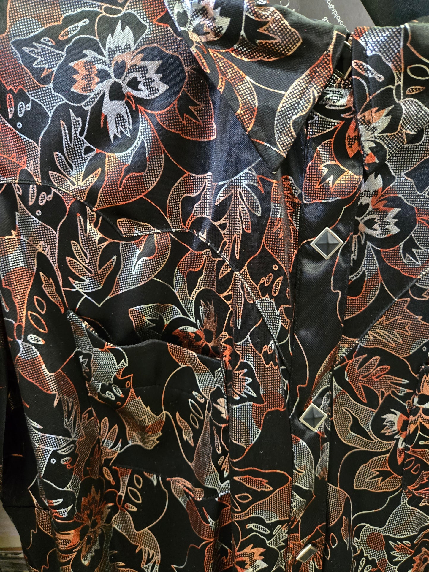Ladies Black Orange Leaf Metalic Print Western Shirt