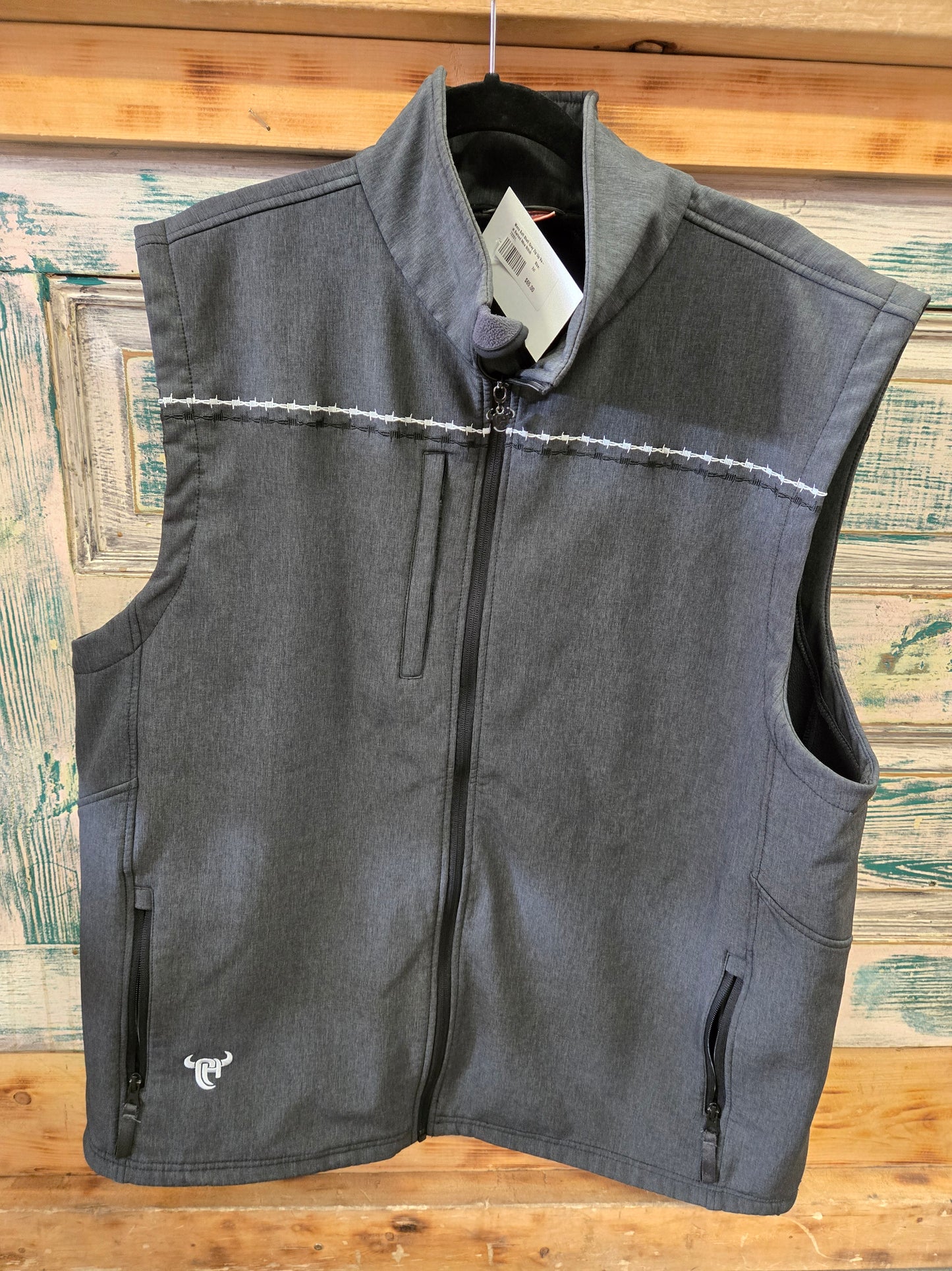 Mens Soft Shell Grey Zip Up Vest Barbed Wire Stitch