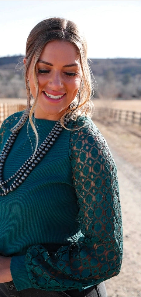 NEW Forest Green                        Lace Bubble Slv. Top