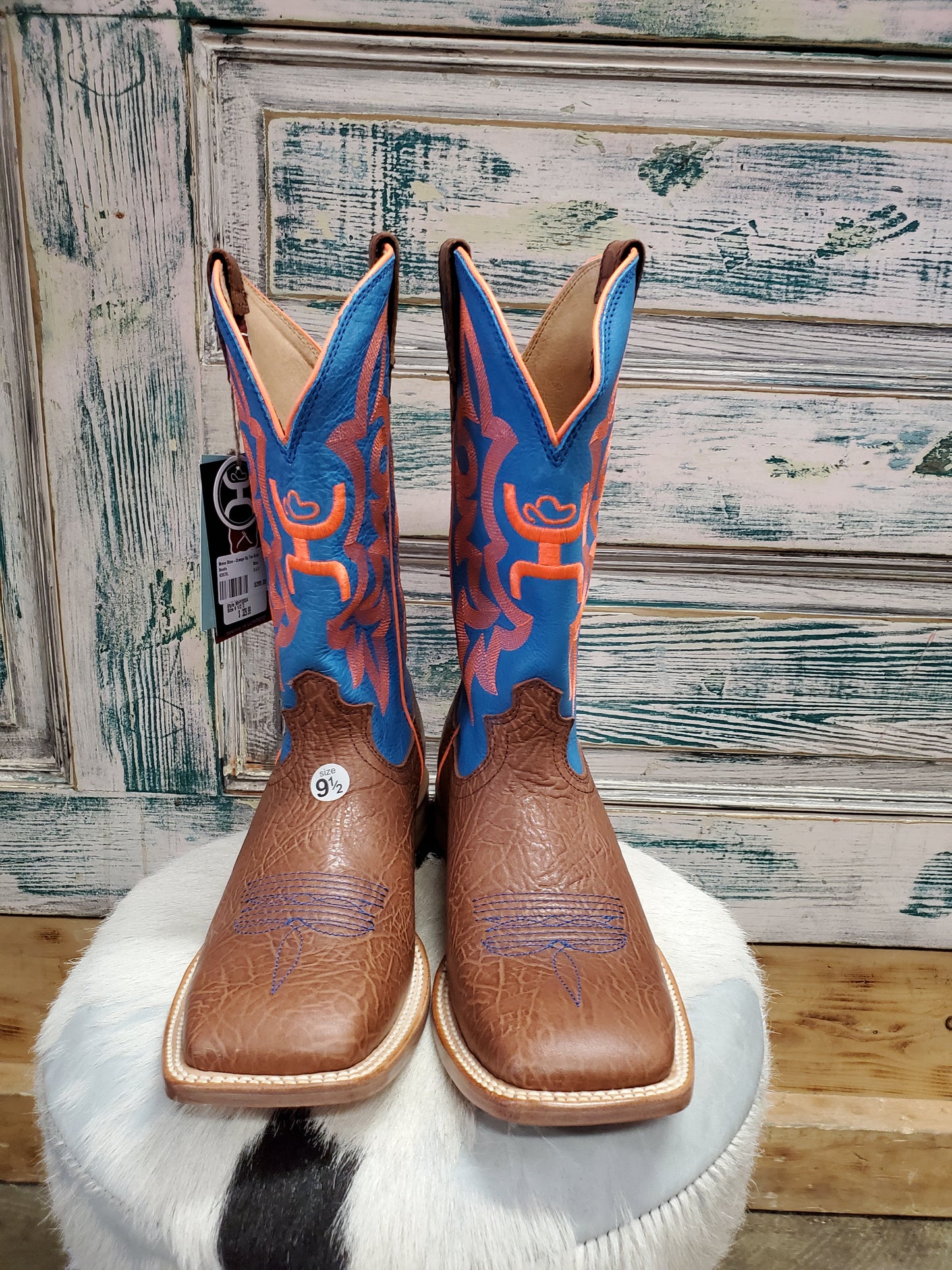 Mens Blue-Orange Sq Toe Ariat Boots