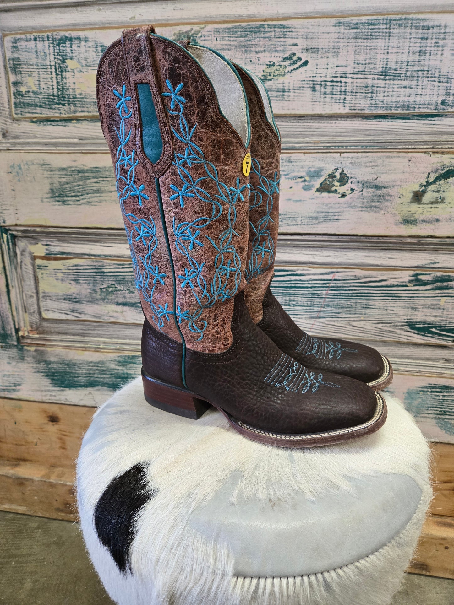 Ladies Brown Turq Vine Sq Toe Boots