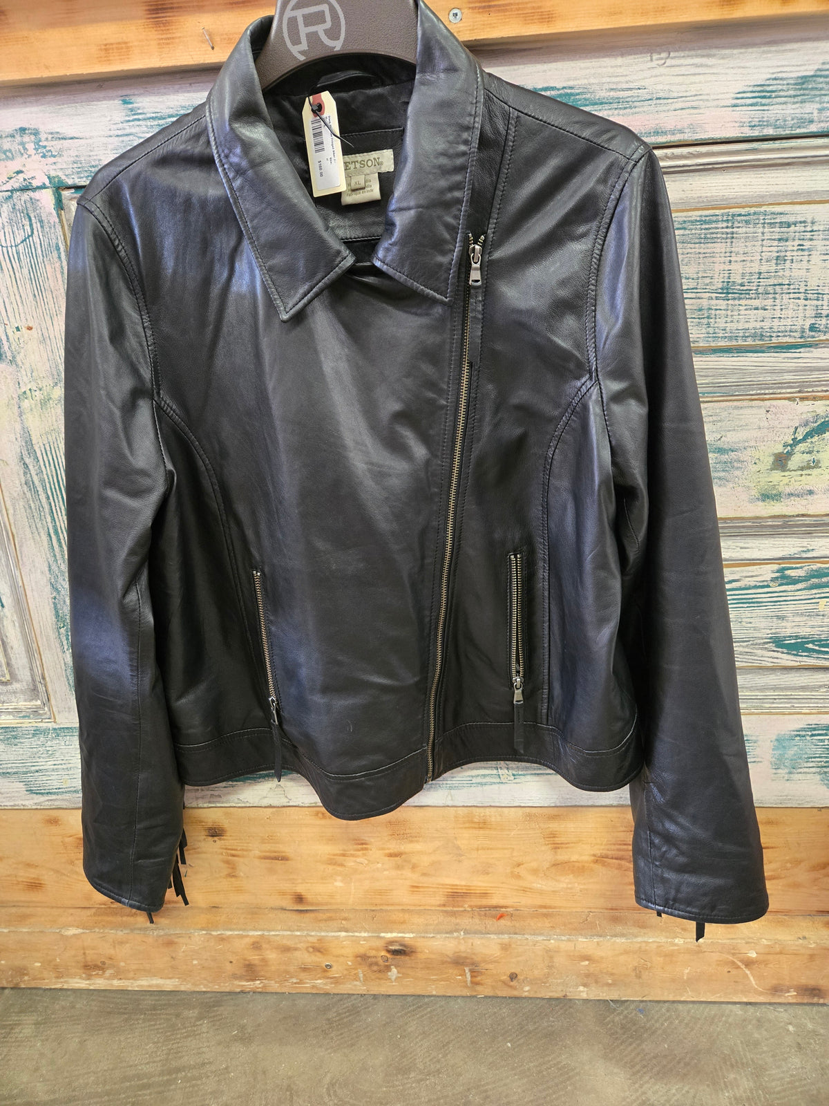 Black Pleather Fringed Biker Jkt.