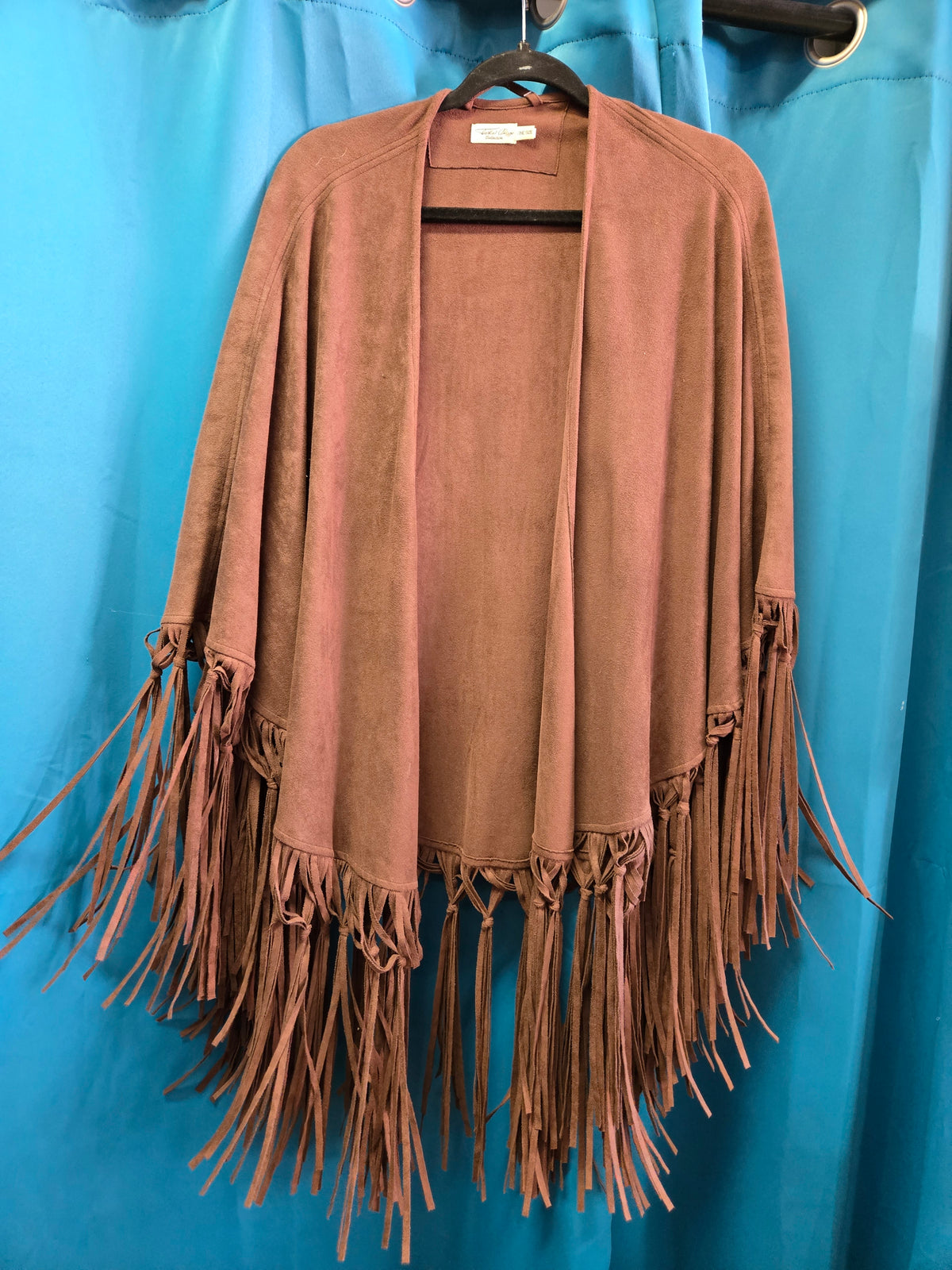 Faux Suede Fringed Cape- Brown